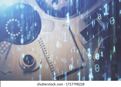 Double exposure of technology theme drawing over work table desktop. Top view. Global data analysis concept. - Shutterstock ID 1717798228