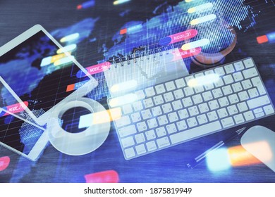 Double exposure of technology theme drawing over work table desktop. Top view. Global data analysis concept.