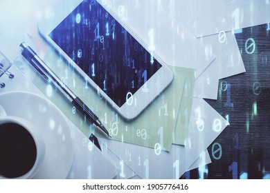 Double exposure of technology theme drawing over work table desktop. Top view. Global data analysis concept.