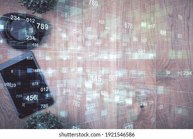 Double exposure of technology theme drawing over work table desktop. Top view. Global data analysis concept.