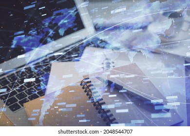 Double exposure of technology theme drawing and desktop with coffee and items on table background. Concept of data research.