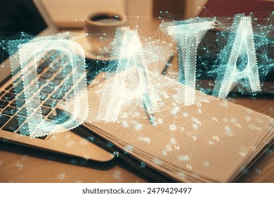 Double exposure of technology theme drawing and desktop with coffee and items on table background. Concept of data research.