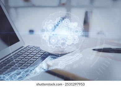 Double exposure of technology theme drawing and desktop with coffee and items on table background. Concept of data research.