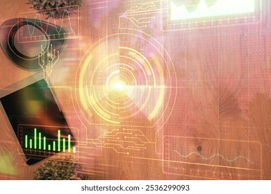 Double exposure of technology theme drawing over work table desktop. Top view. Global data analysis concept.
