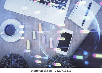 Double exposure of technology theme drawing over work table desktop. Top view. Global data analysis concept.