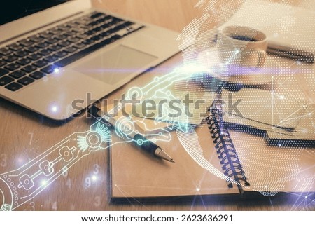 Double exposure of technology theme drawing and desktop with coffee and items on table background. Concept of high tech.