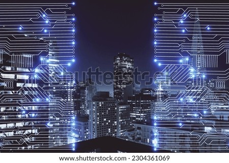 Double exposure of technology theme hologram and cityscape background. Concept of Hightech.