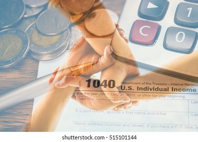 Double Exposure Of Three Hand Coordination And  Tax Form For Taxation Concept 