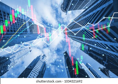 double exposure trading graph and business network connection on smart capital city modern building background.