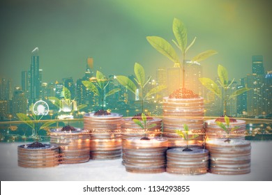 Double exposure of Trees growing on coins money on city background for Real estate investments and business concept