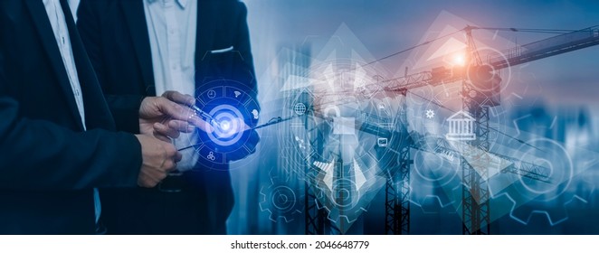 Double exposure of Two engineering using tablet computer and digital technology web design and programming interface icons and construction cranes no city background, Digital industrial concept. - Powered by Shutterstock - Get 15% off with code: PIKWIZARD15