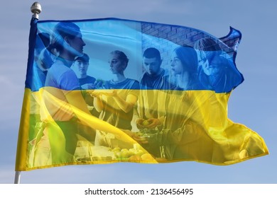 Double Exposure Of Ukrainian Flag Outdoors On Sunny Day And Refugees Receiving Food From Volunteers. Help During War