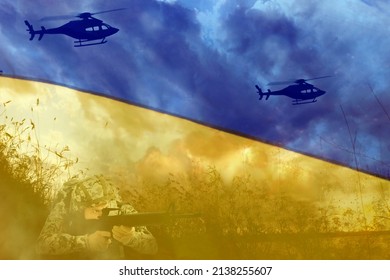 Double Exposure Of Ukrainian National Flag And Soldier In Combat Zone