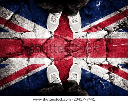 Double exposure of Union Jack flag with cracks in gravel. A symbol of the present state of the United Kingdom is depicted. Steps toward collapse. Useful for basemaps or report descriptions