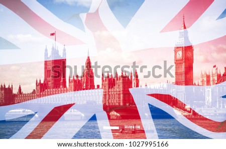 Double exposure of the United Kingdom flag and Big Ben.