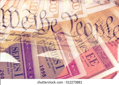 Double Exposure US Constitution We The People, American Flag And Treasury Savings Bond - Finance And Government Concept