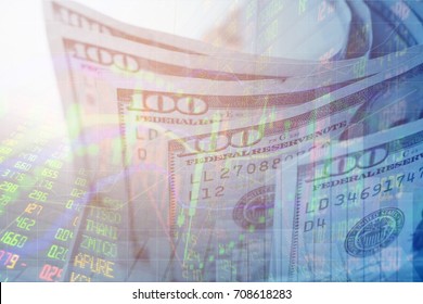 Double Exposure US Dollars And Finance Stock Market Graph .money And Investment Concepts