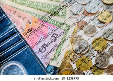 Double Exposure US Tax Form 1040 With Dollar And Coin. Tax Form Law Document Usa Mathematics Business Concept