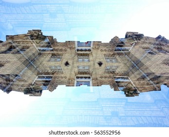 Double exposure view to buildings forms weird objects