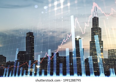 Double exposure of virtual creative financial diagram on Chicago office buildings background, banking and accounting concept