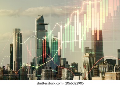 Double Exposure Of Virtual Creative Financial Diagram On New York Office Buildings Background, Banking And Accounting Concept