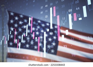 Double exposure of virtual creative financial diagram on US flag and blue sky background, banking and accounting concept - Shutterstock ID 2253338443
