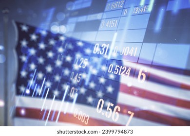 Double exposure of virtual creative financial diagram on US flag and blue sky background, banking and accounting concept - Powered by Shutterstock