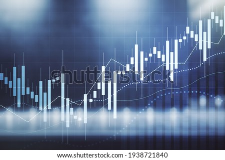 Double exposure of virtual creative financial diagram on contemporary business center exterior background, banking and accounting concept