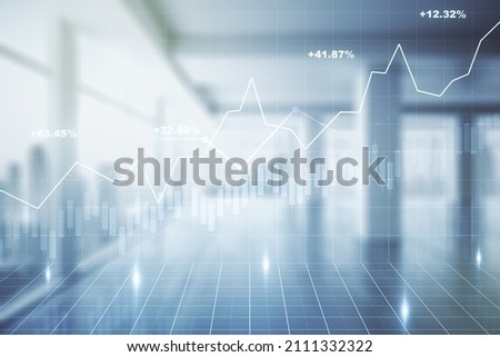 Double exposure of virtual creative financial diagram on empty room interior background, banking and accounting concept