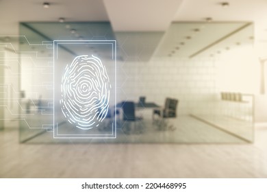 Double Exposure Of Virtual Creative Fingerprint Hologram On A Modern Furnished Office Interior Background, Protection Of Personal Information Concept