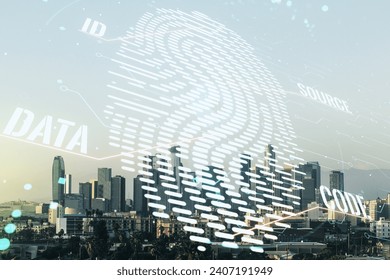 Double exposure of virtual creative fingerprint hologram on Los Angeles office buildings background, protection of personal information concept