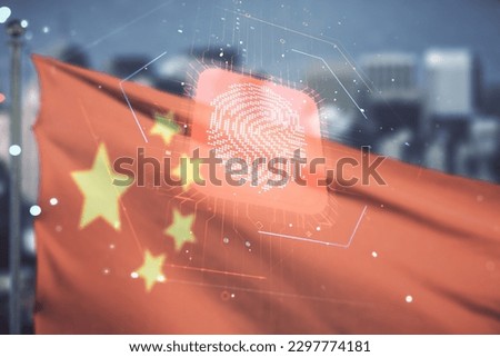 Double exposure of virtual creative fingerprint hologram on Chinese flag and city background, protection of personal information concept