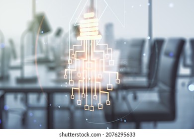 Double Exposure Of Virtual Creative Light Bulb Hologram With Chip On Modern Corporate Office Background, Idea And Brainstorming Concept