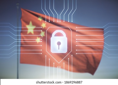 Double exposure of virtual creative lock hologram with chip on flag of China and sunset sky background. Information security concept