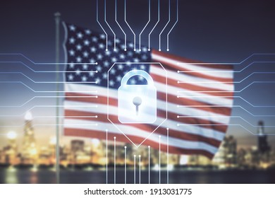 Double exposure of virtual creative lock hologram with chip on USA flag and blurry cityscape background. Information security concept