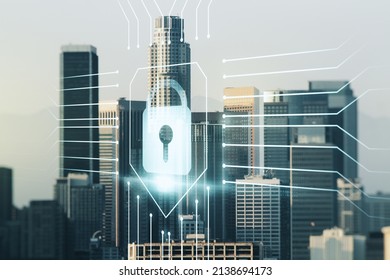 Double exposure of virtual creative lock hologram with chip on Los Angeles city skyscrapers background. Information security concept
