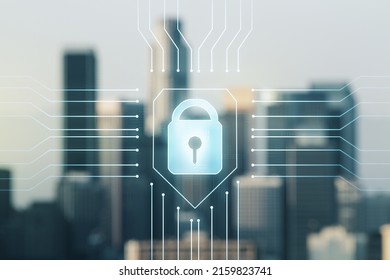 Double exposure of virtual creative lock hologram with chip on blurry cityscape background. Information security concept