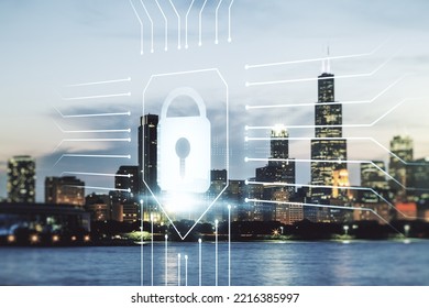 Double exposure of virtual creative lock hologram with chip on Chicago city skyscrapers background. Information security concept
