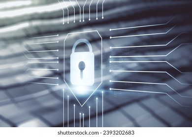 Double exposure of virtual creative lock hologram with chip on blurry abstract metal background. Information security concept
