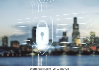 Double exposure of virtual creative lock hologram with chip on blurry cityscape background. Information security concept