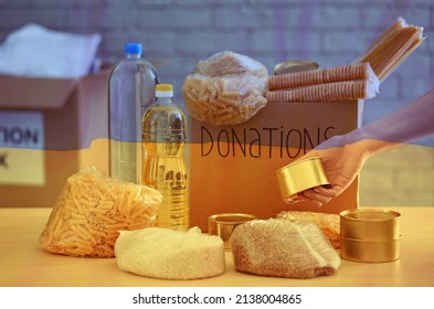 Double Exposure Of Volunteer Collecting Food For Donation Box And Ukrainian Flag. Help During War