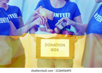 Double Exposure Of Volunteers Collecting Food For Donation Box And Ukrainian Flag. Help During War