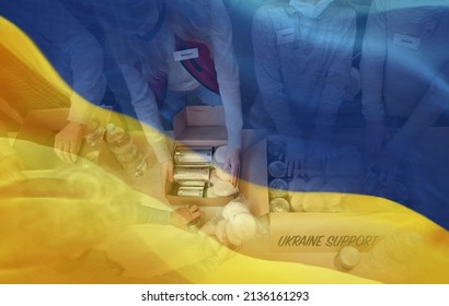 Double exposure of volunteers packing donations for Ukrainian refugees and Ukrainian flag. - Shutterstock ID 2136161293