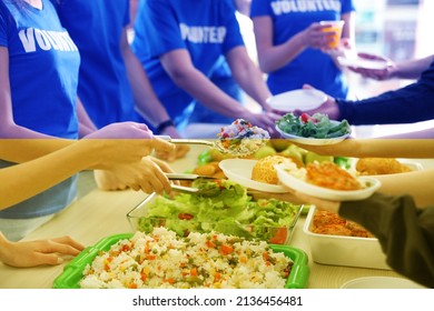 Double Exposure Of Volunteers Serving Food To Refugees And Ukrainian Flag, Closeup. Help During War