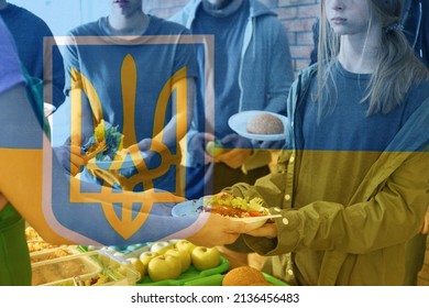 Double Exposure Of Volunteers Serving Food To Refugees And Ukrainian Flag, Closeup. Help During War