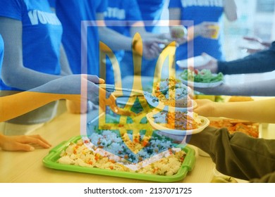 Double Exposure Of Volunteers Serving Food To Refugees And Ukrainian Flag, Closeup. Help During War