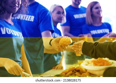 Double Exposure Of Volunteers Serving Food To Refugees And Ukrainian Flag, Closeup. Help During War