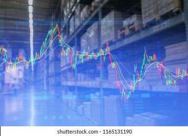 Double exposure of wholesale stock inventory shelf, modern logistics warehouse and technical price chart. For wholesale distributor, commercial business or logistics background concept.