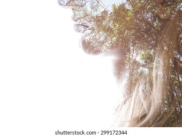 Double Exposure Of Woman Body,forest And Flowers