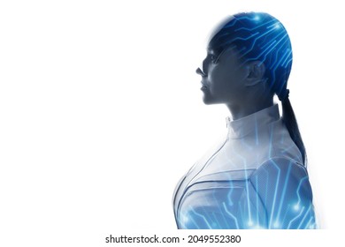 Double exposure of woman and futuristic holographic interface to display data. Female in futuristic costume using VR helmet. Augmented reality, future technology, game concept. White background.